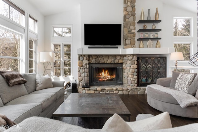 living area featuring a stone fireplace, high vaulted ceiling, and wood finished floors