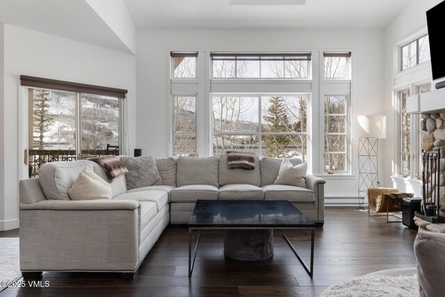 living room featuring dark wood-style floors, a stone fireplace, a baseboard heating unit, and a wealth of natural light