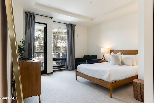 bedroom with a tray ceiling, light colored carpet, and access to exterior