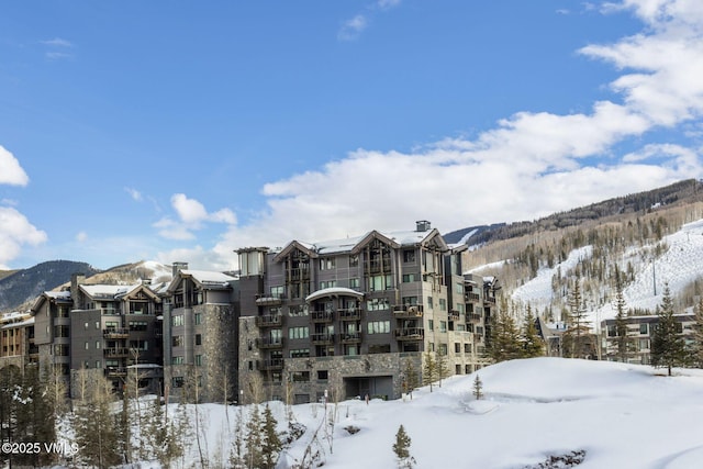 snow covered property with a mountain view