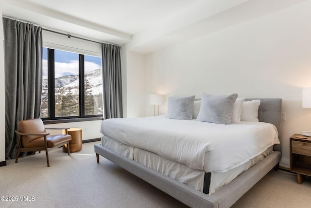 carpeted bedroom with a mountain view