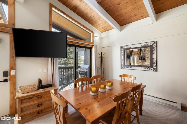 dining room with lofted ceiling with beams, carpet floors, baseboard heating, and wooden ceiling