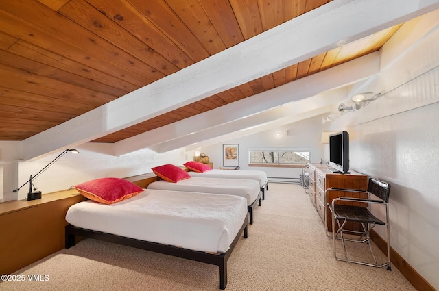 bedroom with a baseboard heating unit, baseboards, lofted ceiling with beams, light carpet, and wooden ceiling