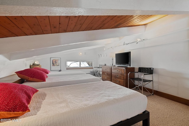 bedroom featuring lofted ceiling with beams, baseboards, and wooden ceiling