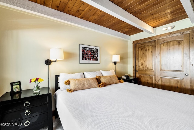 bedroom featuring beam ceiling and wood ceiling