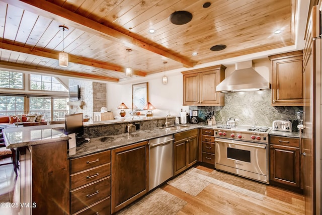 434 S Frontage Rd E Unit 403, Vail, CO 81657 - kitchen with wall chimney exhaust hood, stainless steel appliances, a wood ceiling with exposed beams, a peninsula, and light wood finished floors