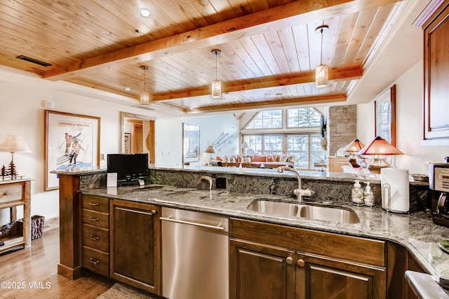 434 S Frontage Rd E Unit 403, Vail, CO 81657 - kitchen featuring stainless steel dishwasher, a wood ceiling with exposed beams, light wood finished floors, pendant lighting, and stone counters