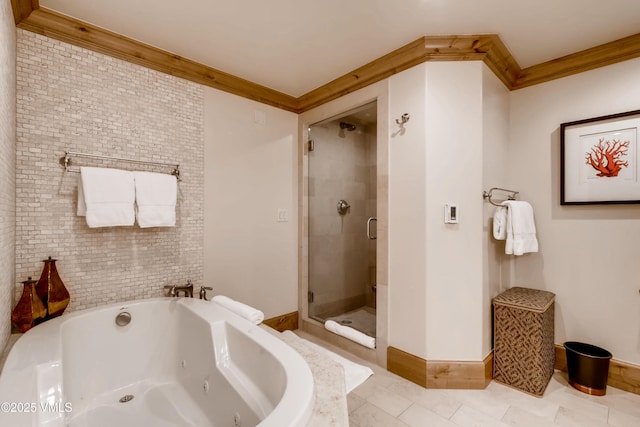 434 S Frontage Rd E Unit 403, Vail, CO 81657 - full bath with a shower stall, a jetted tub, and crown molding