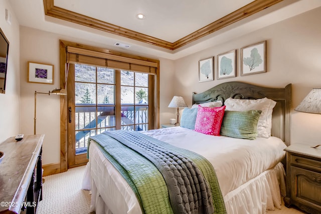 434 S Frontage Rd E Unit 403, Vail, CO 81657 - bedroom with ornamental molding, a raised ceiling, and recessed lighting