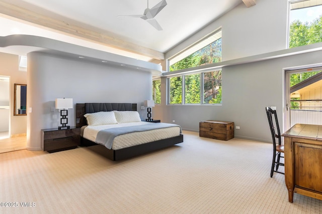 4916 Juniper Ln, Vail, CO 81657 - carpeted bedroom featuring high vaulted ceiling, multiple windows, beamed ceiling, and ceiling fan