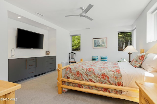 4916 Juniper Ln, Vail, CO 81657 - bedroom with light colored carpet, recessed lighting, and ceiling fan
