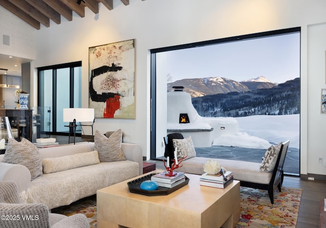 living area featuring a high ceiling, a mountain view, beamed ceiling, and wood finished floors