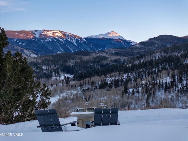 mountain view featuring a wooded view