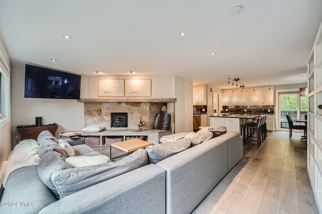 living room featuring a stone fireplace and light hardwood / wood-style flooring