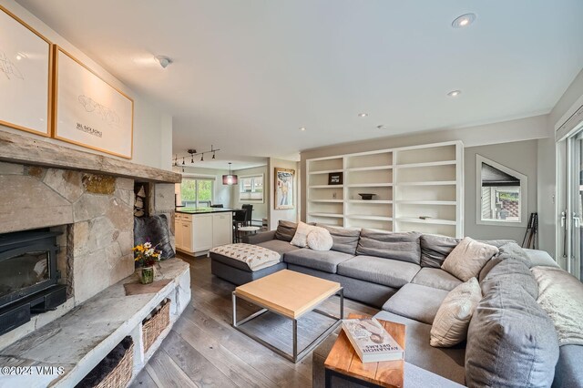 living room featuring a fireplace and dark hardwood / wood-style flooring