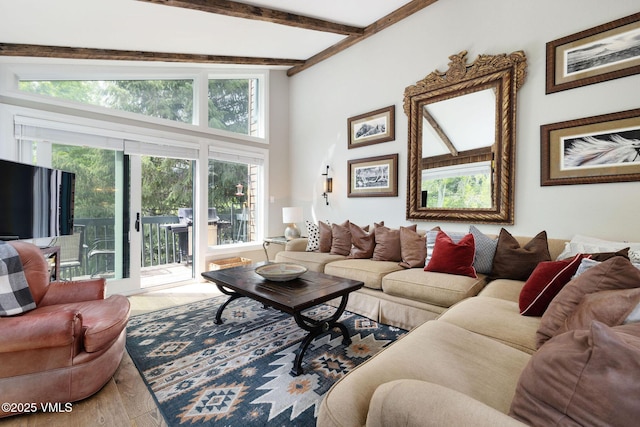 4470 Timber Falls Ct Unit 1407, Vail, CO 81657 - living room with wood finished floors and beamed ceiling