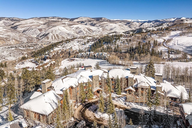 snowy aerial view featuring a mountain view