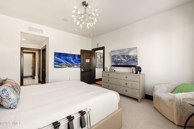 bedroom featuring light colored carpet, visible vents, and a chandelier