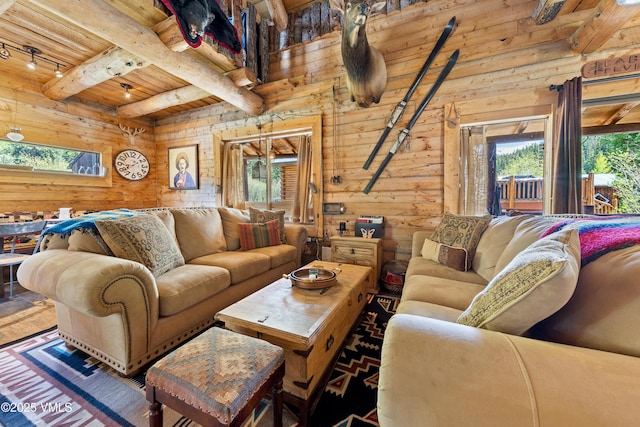 245 Main St, Eagle, CO 81631 - living room featuring a wood ceiling with exposed beams, wood walls, and track lighting