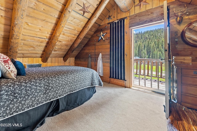 245 Main St, Eagle, CO 81631 - carpeted bedroom featuring wood ceiling, wood walls, and access to outside
