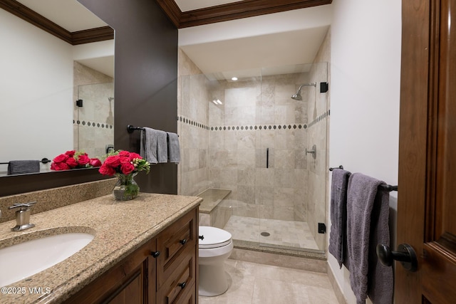185 Forest Rd Unit A, Vail, CO 81657 - bathroom with crown molding, vanity, and a shower stall