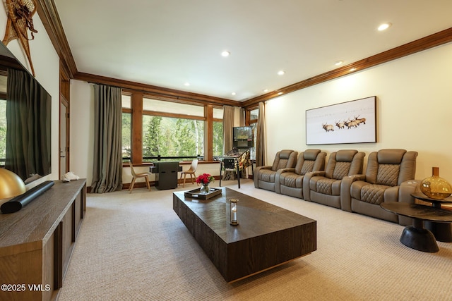 185 Forest Rd Unit A, Vail, CO 81657 - living area featuring ornamental molding, light carpet, and recessed lighting