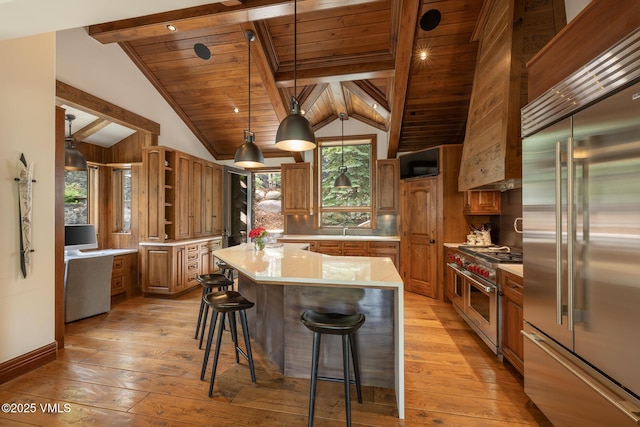 185 Forest Rd Unit A, Vail, CO 81657 - kitchen featuring premium appliances, open shelves, light wood finished floors, a breakfast bar, and wooden ceiling