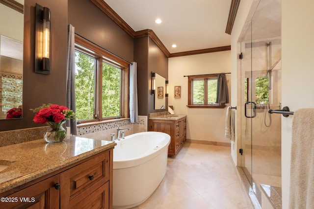 185 Forest Rd Unit A, Vail, CO 81657 - bathroom featuring crown molding, two vanities, a stall shower, a soaking tub, and tile patterned floors