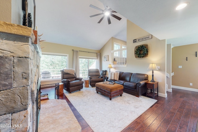 living room featuring vaulted ceiling, dark wood-type flooring, and ceiling fan