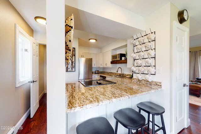 kitchen featuring sink, light stone counters, dark hardwood / wood-style flooring, kitchen peninsula, and stainless steel appliances