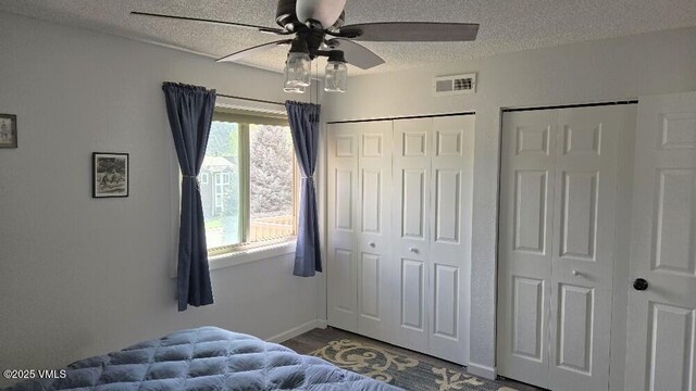 600 Price Ln Unit 6, Gypsum, CO 81637 - bedroom with a textured ceiling, baseboards, ceiling fan, multiple closets, and dark wood-type flooring