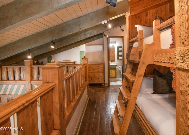 225 Wall St Unit 303, Vail, CO 81657 - interior space with dark wood finished floors, track lighting, an upstairs landing, and wood ceiling