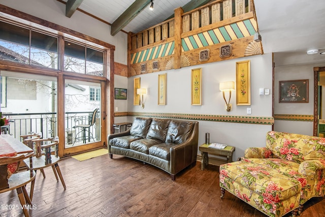 225 Wall St Unit 303, Vail, CO 81657 - living area with hardwood / wood-style floors, high vaulted ceiling, and a wood ceiling with exposed beams