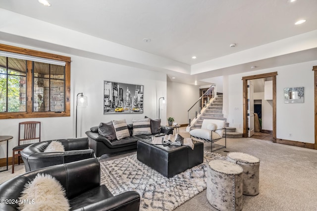 living room featuring light colored carpet