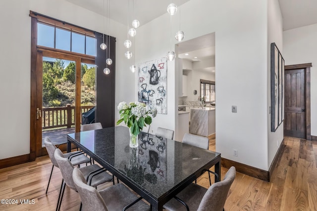 dining room with hardwood / wood-style floors, a high ceiling, and a wealth of natural light