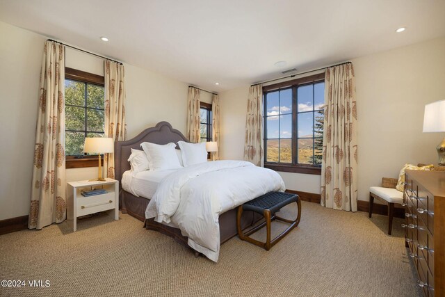 bedroom with multiple windows and light colored carpet