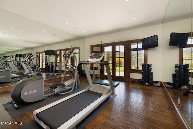 exercise room featuring dark wood-type flooring and french doors