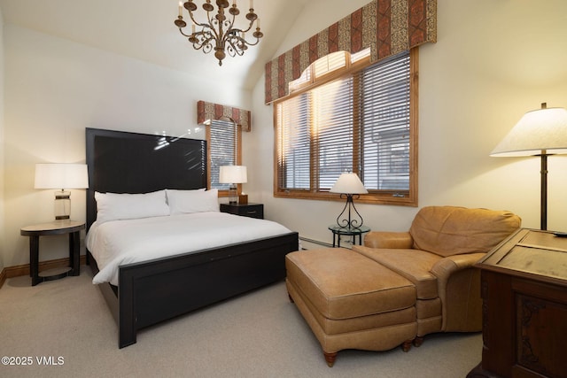 bedroom with lofted ceiling, baseboards, a chandelier, and carpet flooring