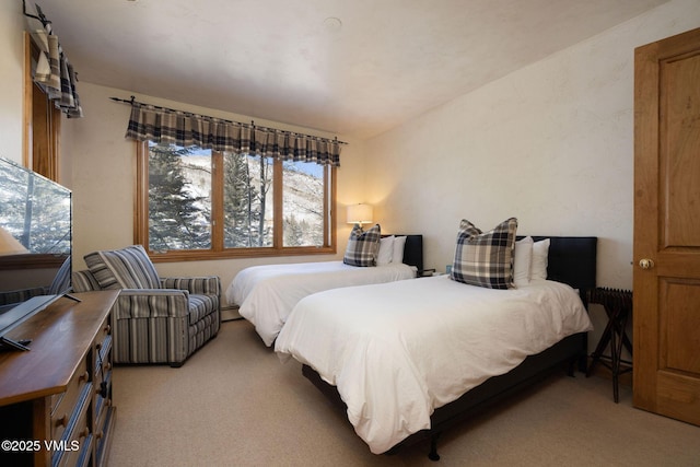 bedroom with lofted ceiling and light colored carpet