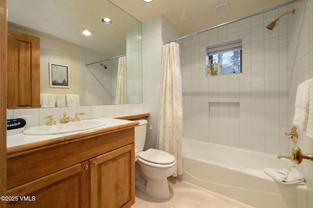 full bath with toilet, tile patterned floors, shower / bathtub combination with curtain, vanity, and recessed lighting