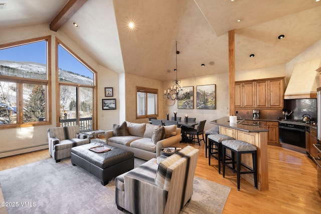 living room with high vaulted ceiling, a notable chandelier, a baseboard heating unit, light wood-type flooring, and beam ceiling