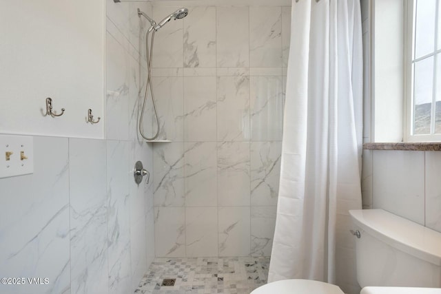 bathroom featuring a shower stall and toilet