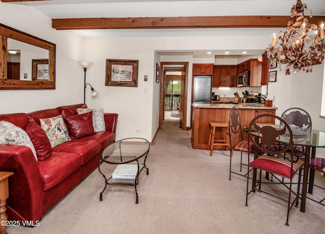 4610 Vail Racquet Club Dr Unit 7-12, Vail, CO 81657 - living area featuring light colored carpet, beam ceiling, recessed lighting, and a chandelier