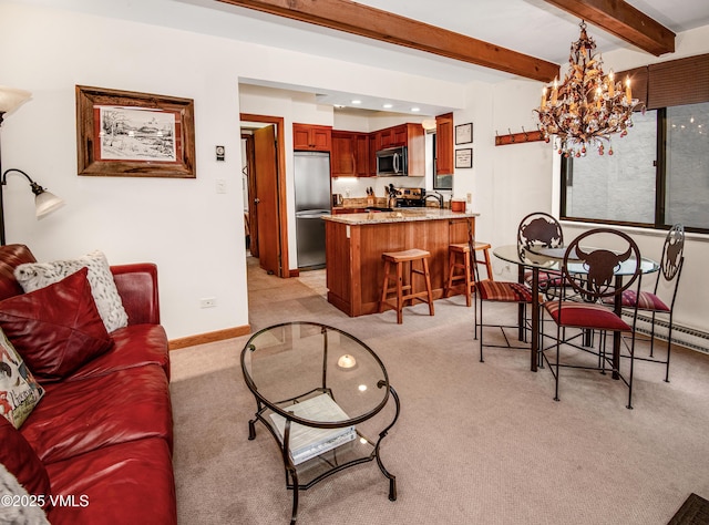 4610 Vail Racquet Club Dr Unit 7-12, Vail, CO 81657 - living room with light colored carpet, a chandelier, beam ceiling, and baseboards