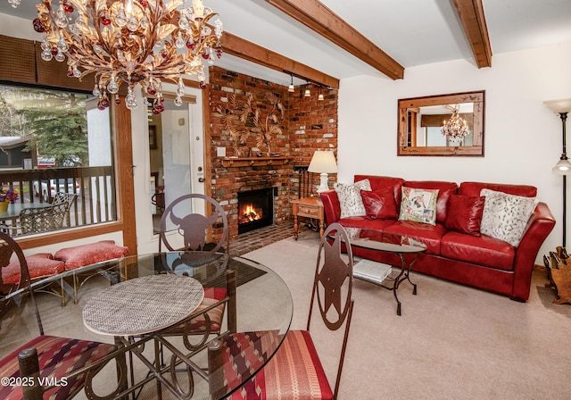 4610 Vail Racquet Club Dr Unit 7-12, Vail, CO 81657 - carpeted living room featuring a chandelier, beam ceiling, and a brick fireplace