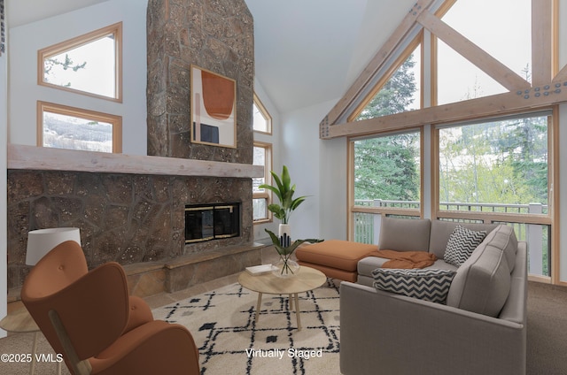 111 Scott Hill Rd Unit 17, Beaver Creek, CO 81620 - living area featuring high vaulted ceiling and a high end fireplace