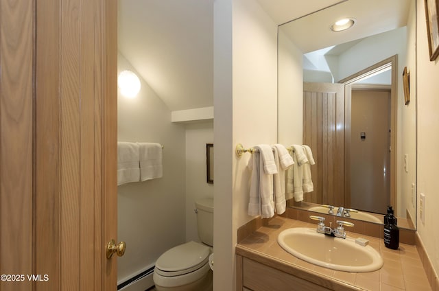 111 Scott Hill Rd Unit 17, Beaver Creek, CO 81620 - bathroom with a baseboard radiator, vanity, toilet, and recessed lighting