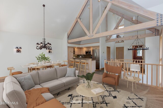 111 Scott Hill Rd Unit 17, Beaver Creek, CO 81620 - dining room featuring a baseboard radiator, a chandelier, light carpet, and lofted ceiling