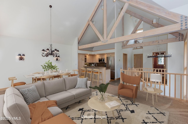 111 Scott Hill Rd Unit 17, Beaver Creek, CO 81620 - living area with a chandelier, high vaulted ceiling, carpet, and beam ceiling