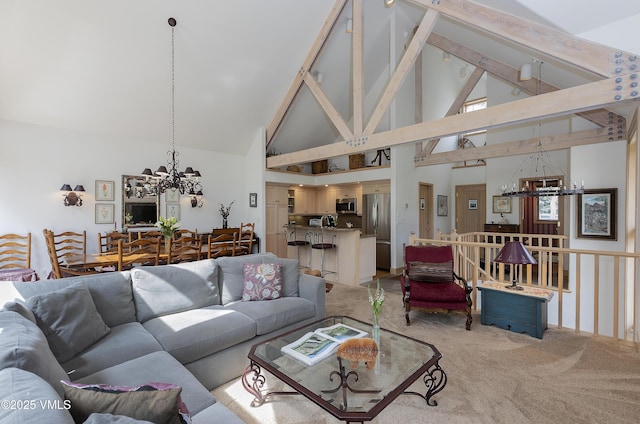 111 Scott Hill Rd Unit 17, Beaver Creek, CO 81620 - carpeted living room featuring a chandelier, high vaulted ceiling, and beamed ceiling